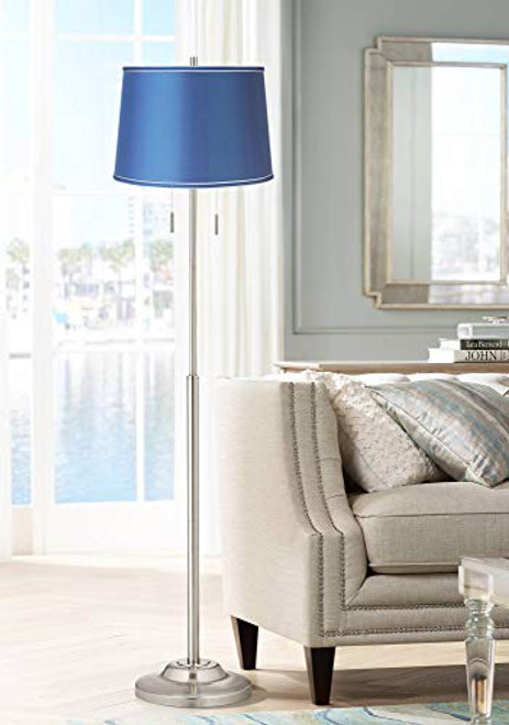 ModSavy Modern Floor Lamp Standing 66" Tall Sleek Brushed Nickel Silver Thin Metal Column Medium Blue Satin Fabric Drum Shade for Living Room Reading House Family Bedroom Home