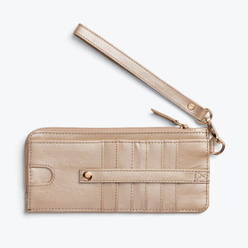 Rachel Cruze Slim Wallet in Champagne with card pouches displayed