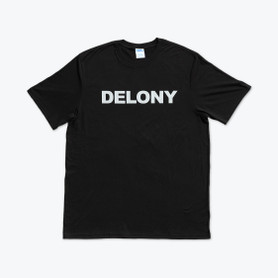 A photo of a black t-shirt with white lettering that says "Delony".